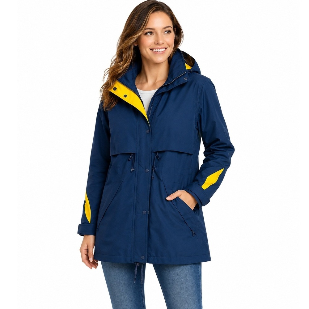 Eddie Bauer Womens Medium Gore-Tex Hooded Jacket Navy with Yellow Trim
